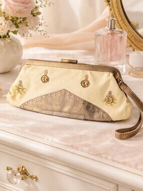 Vintage Tocca Metallic Bronze Cream Leather Clutch